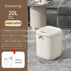 White trash bin with features listed on a brown background, placed on a gray floor.