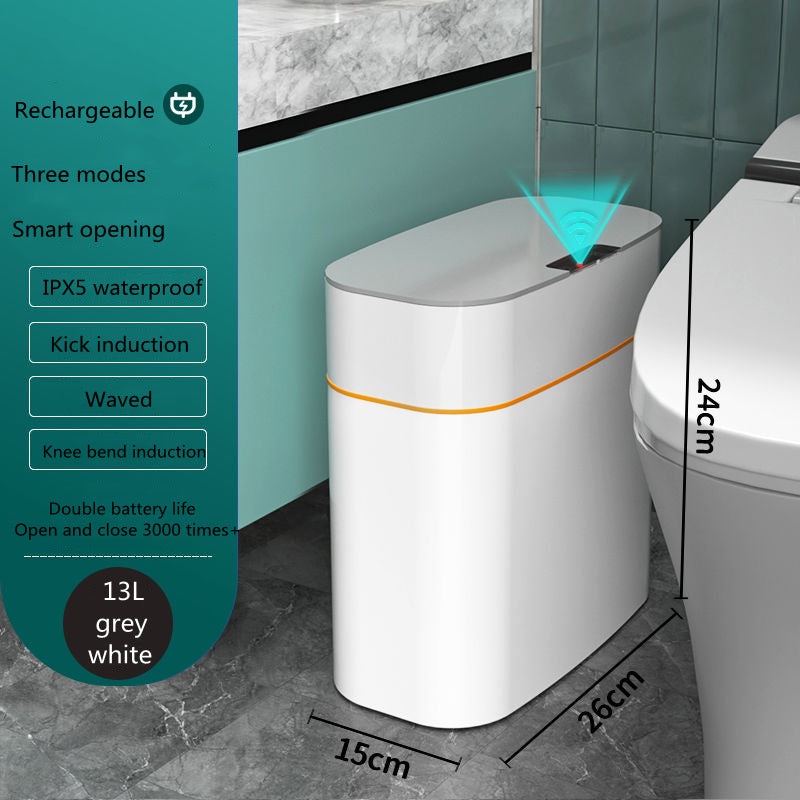 White trash bin with features listed on a green panel in a bathroom setting