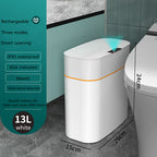 White trash bin with features listed on a green panel in a bathroom setting