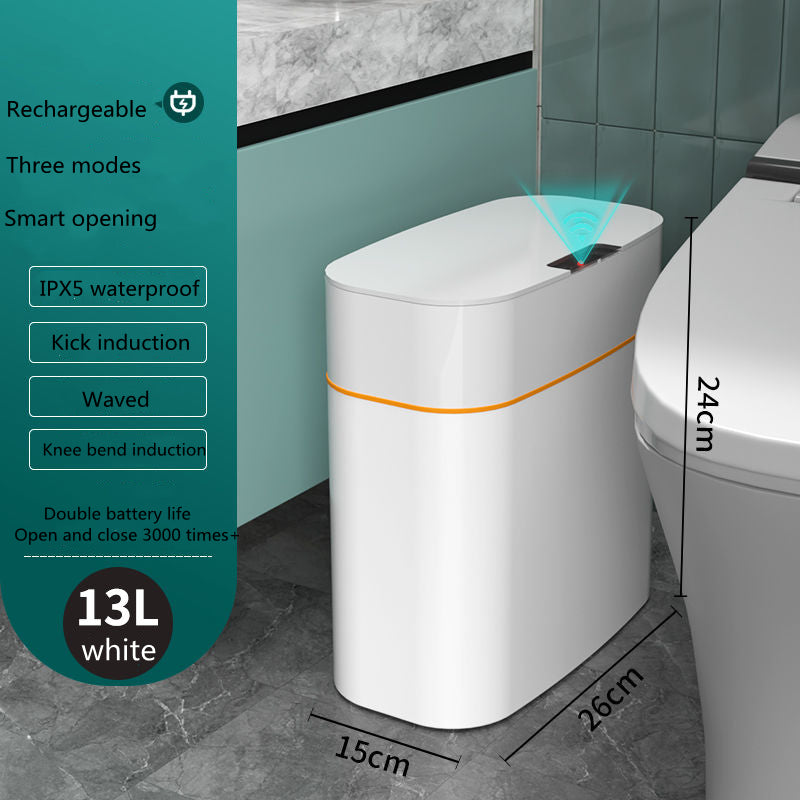White trash bin with features listed on a green panel in a bathroom setting