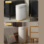 White trash bin with gold accents in a living room and bedroom setting.