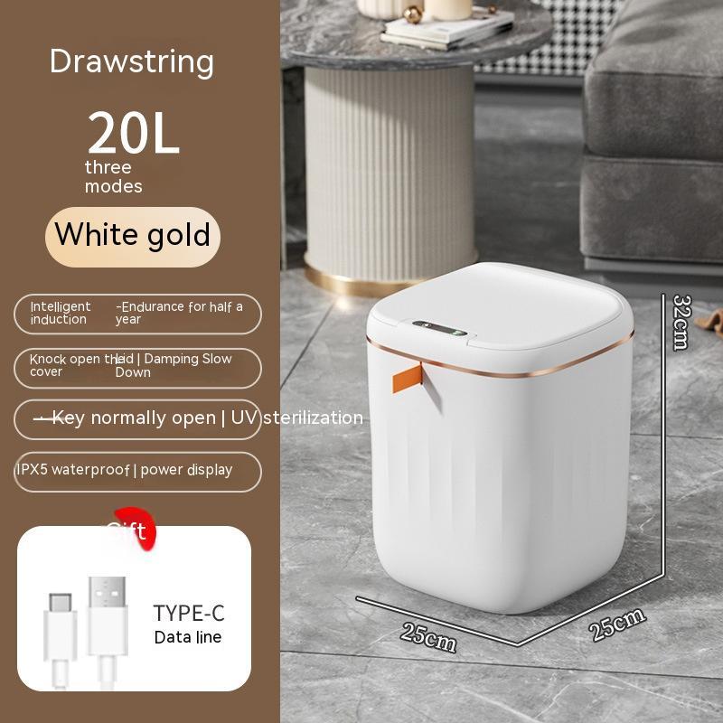 White trash bin with gold accents on a gray floor, accompanied by product details on a brown background.