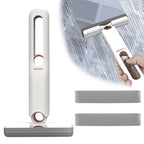 Window cleaning tool with squeegee and scrubber heads on a white background