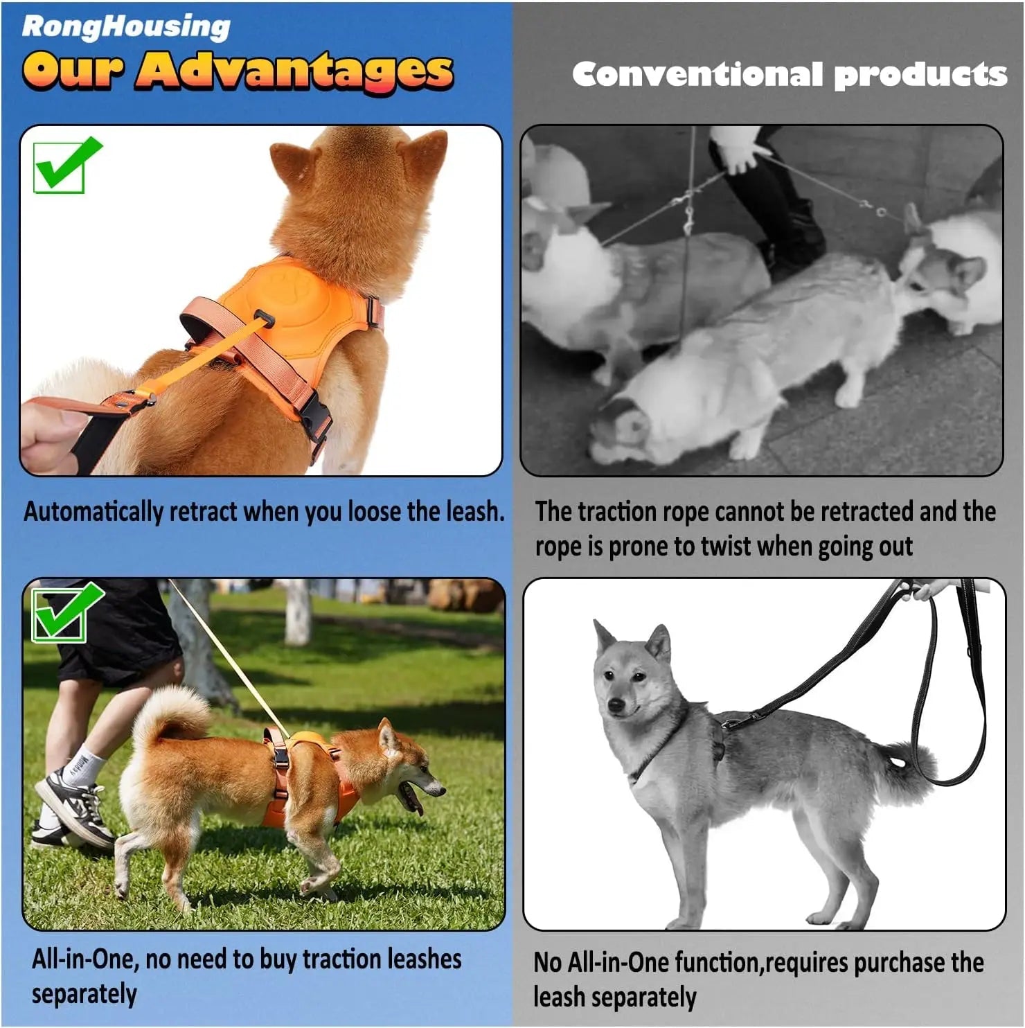 Infographic showing benefits of AllinOne no-tangle leash set