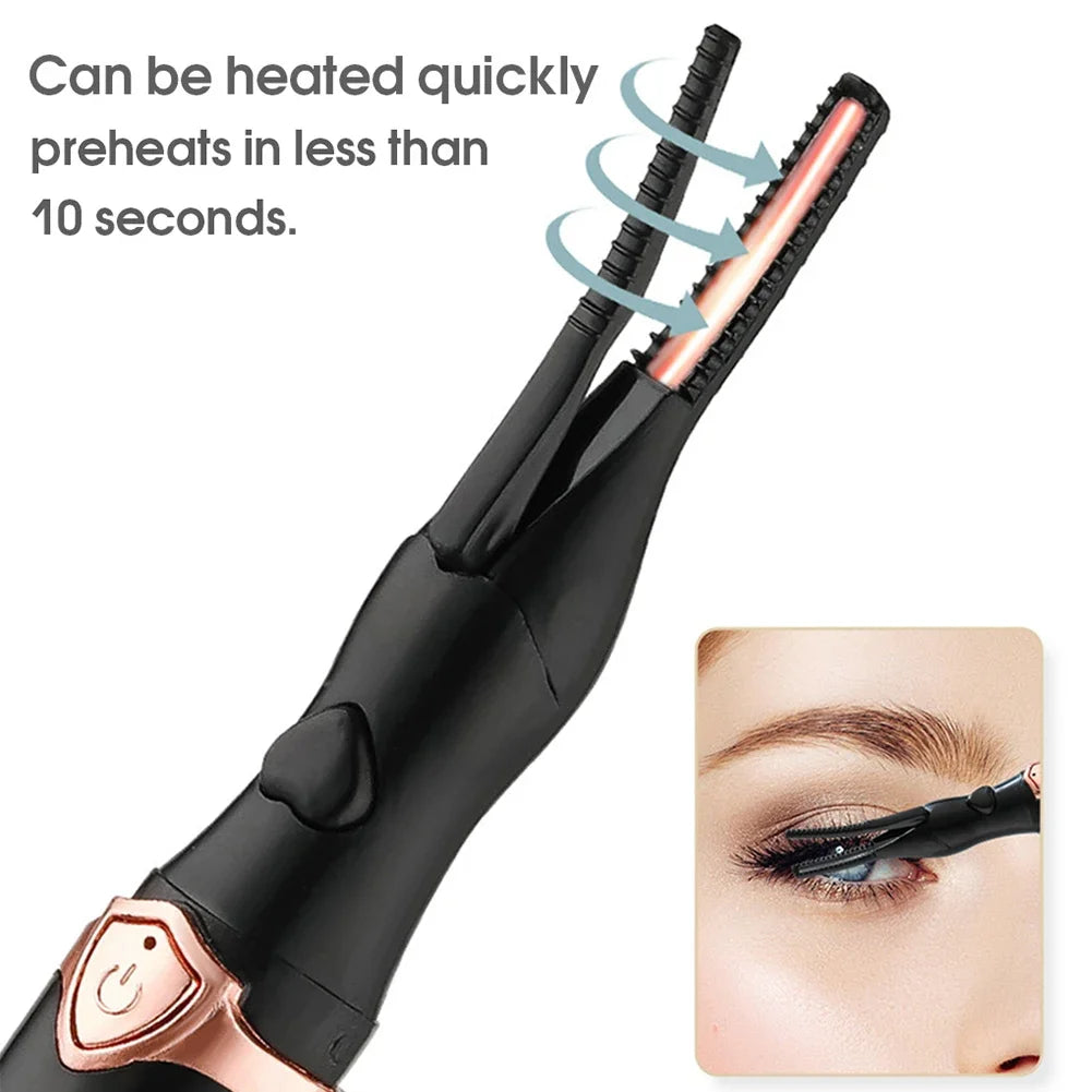 Woman curling lashes with heated lash curler 