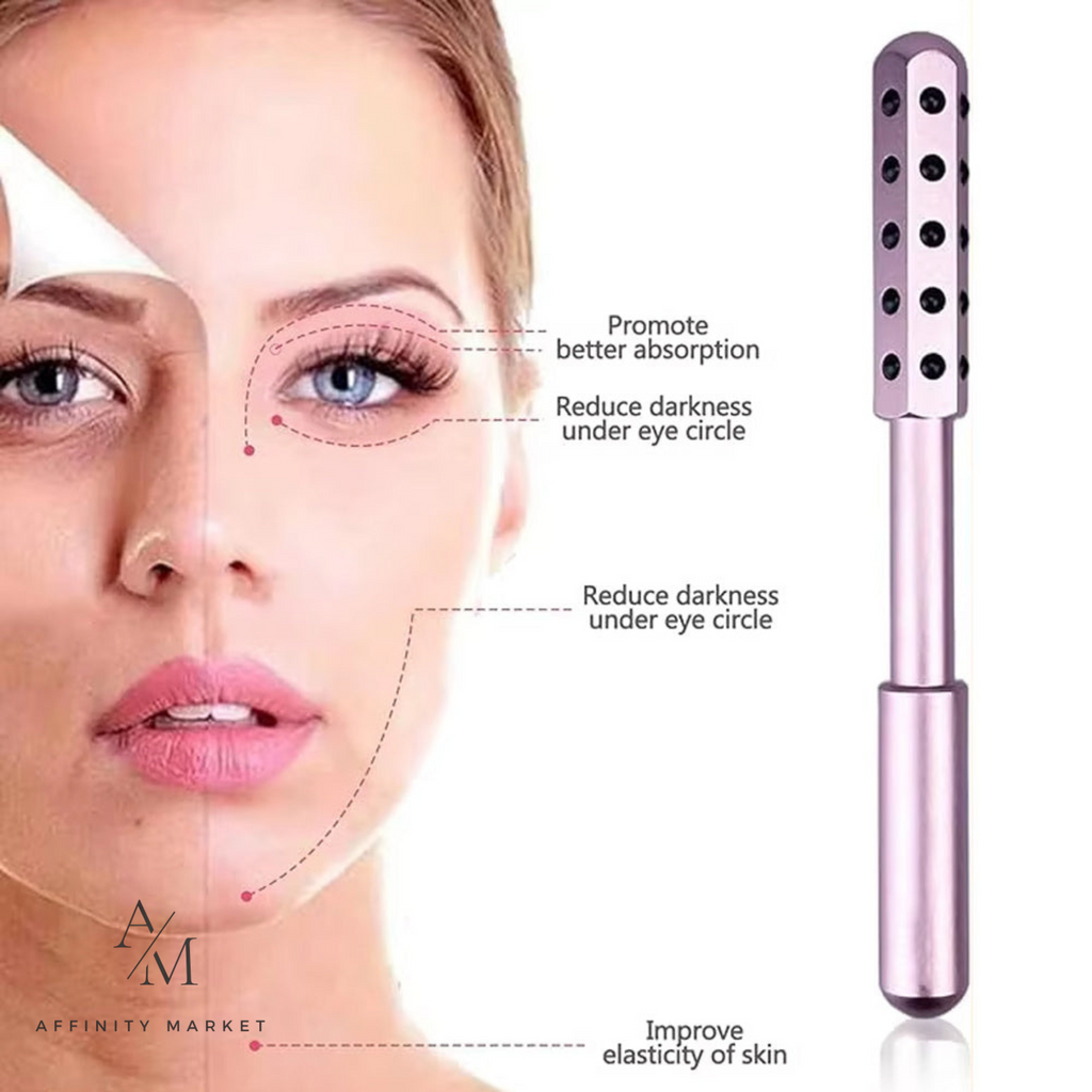 Facial roller device with benefits labeled next to a woman's face on a white background