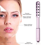 Facial roller device with benefits labeled next to a woman's face on a white background