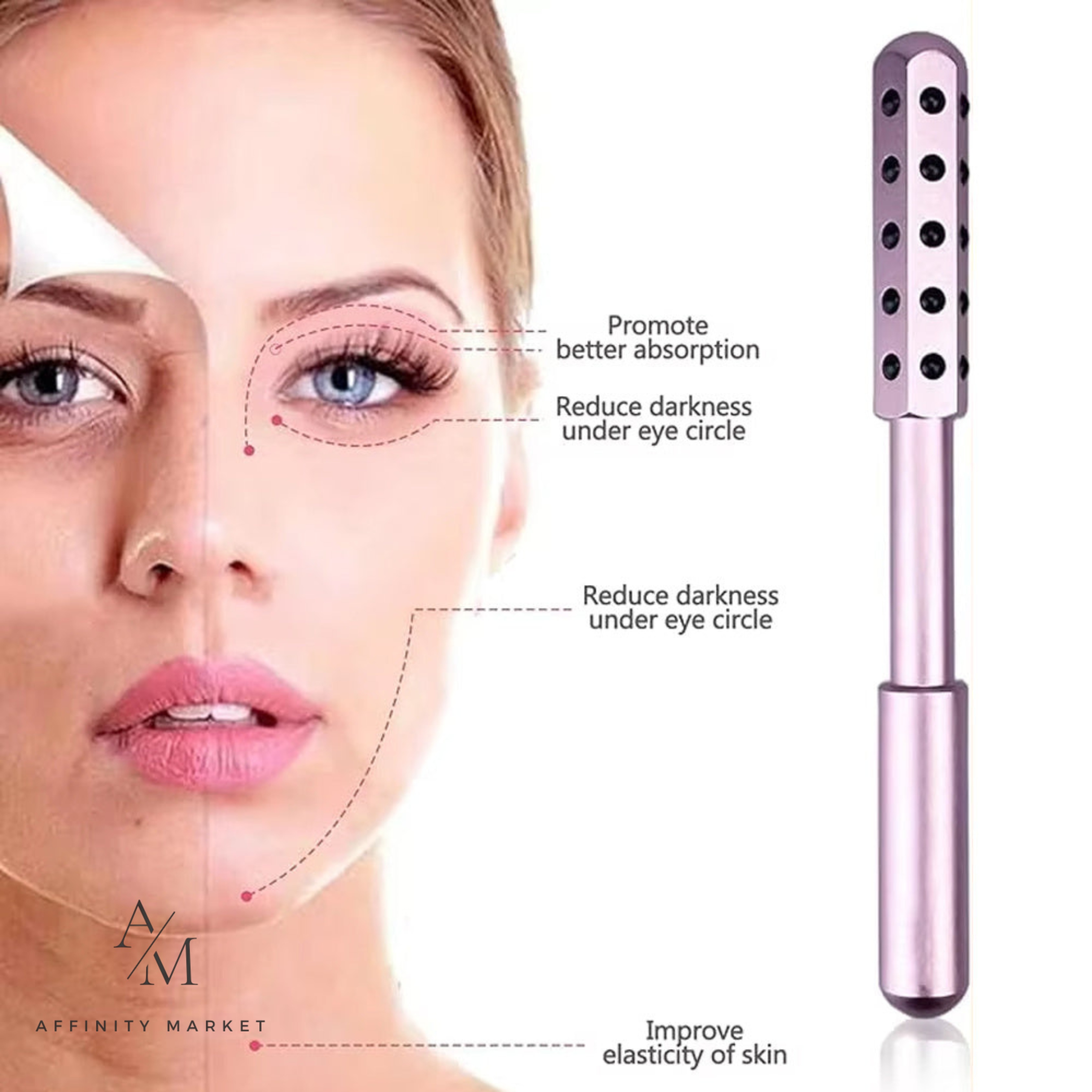Facial roller device with benefits labeled next to a woman's face on a white background