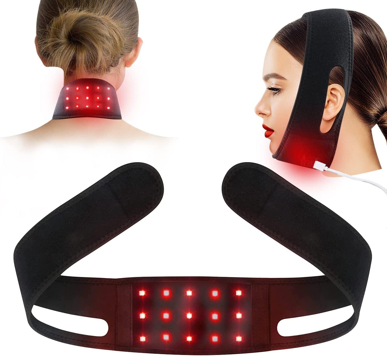 Person applying infrared therapy light strip to shoulder for pain relief