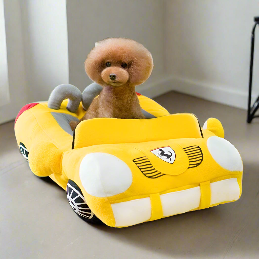  Front view of SnuggleSeat car-shaped dog bed yellow color 