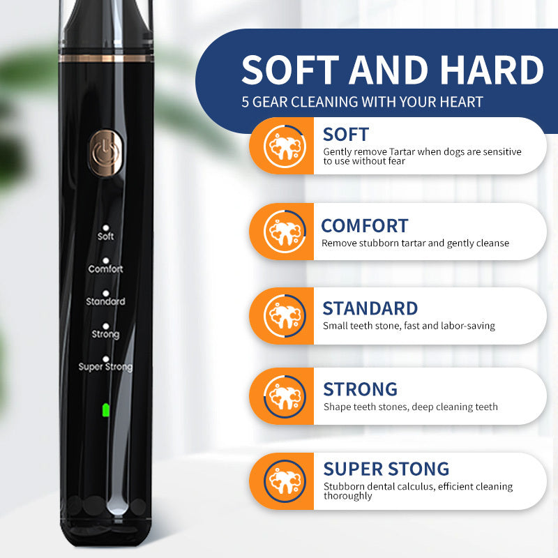 Display showing five level customization modes on pet teeth cleaner